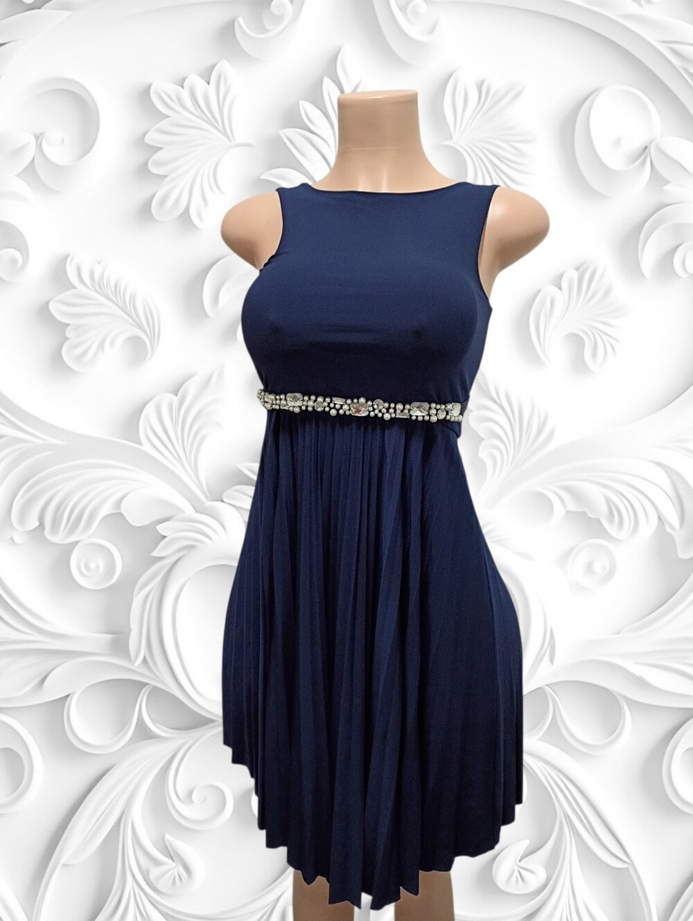 Un Deux Trois Navy Blue Dress with Pearl Accent